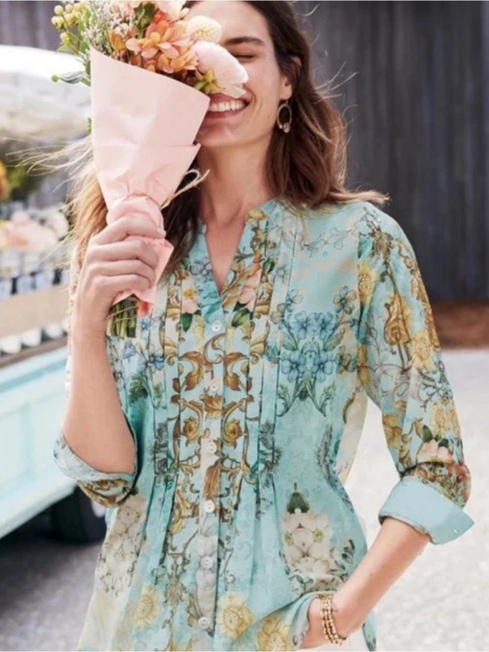 New Boho Soft Surroundings Women’s Baroque Blouse & Cami Floral & Pleated 3XL